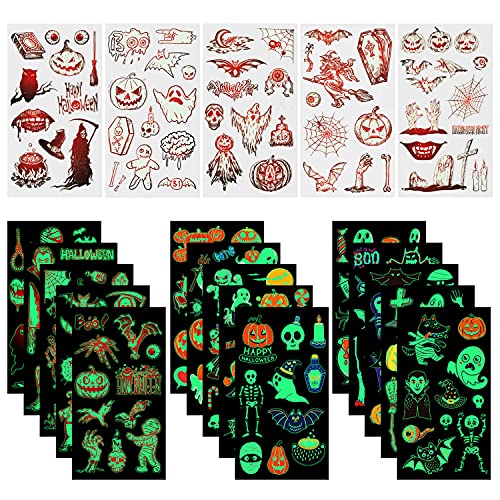 Halloween Temporary Tattoos For Kids, 20-Sheets 200Pcs Halloween Mixed Style Patterns Waterproof Cartoon Cute Fake Tattoo Sticker Decor, Glow In The Dark Bat Skull Pumpkin Head Vampire Spider Ghost Witch Tattoo, Boys Girls Party Supplies Favor #TOP6