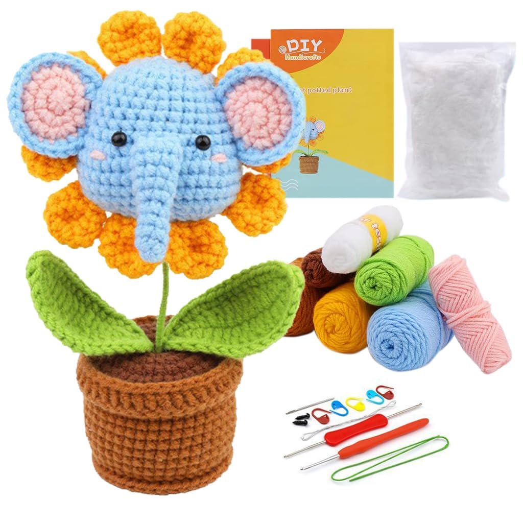 Crochet Kit for Beginners Adults & Kids (13+) Elephant & Sunflower Complete DIY Craft Kit with Colorful Yarns, Ergonomic Hooks, Step-by-Step Video Guide – Perfect Beginner Toy Creation Gift
