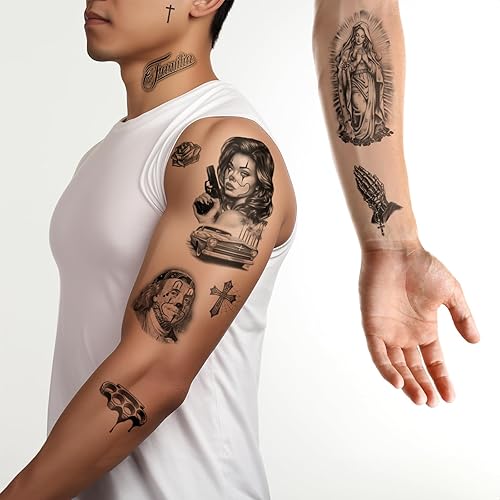 Miniatura 7 de Los Vatos Paquete Chicano – 8 hojas Cholo y Chola Tatuajes Temporales – Payasa, Lowrider, Virgen María, Oración, Cruz, Chicana, Gángster, Tatuaje