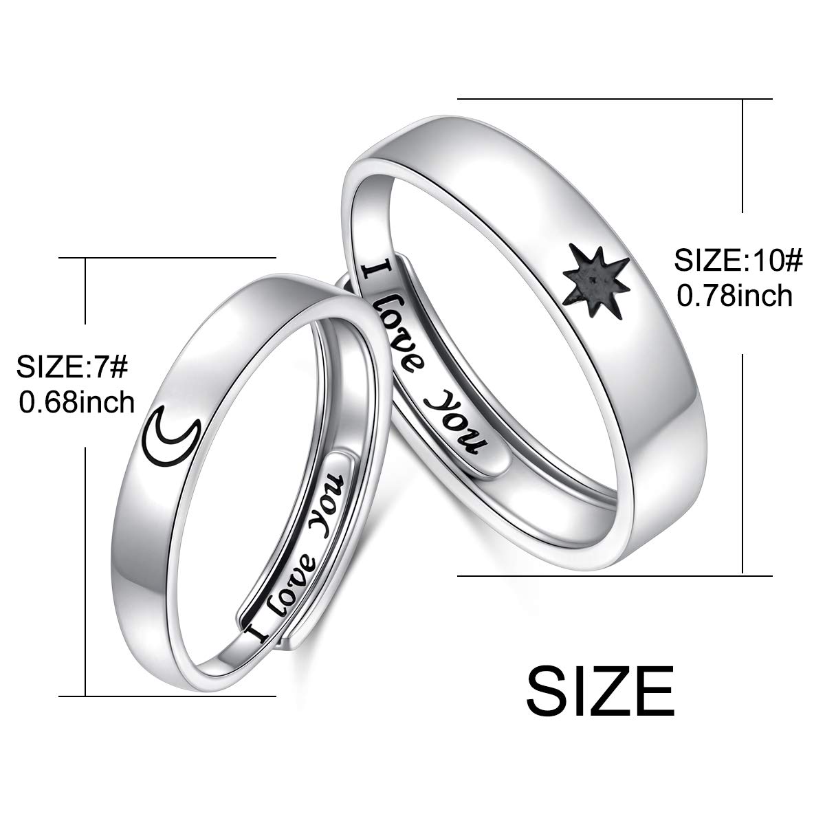 Couple Ringe S925 Sterling Silber Partnerringe Verlobung Promise 2In1 Ich liebe dich Sonne und Mond Stern Paar Ringe für Damen Männer Einstellbares Herz ringe