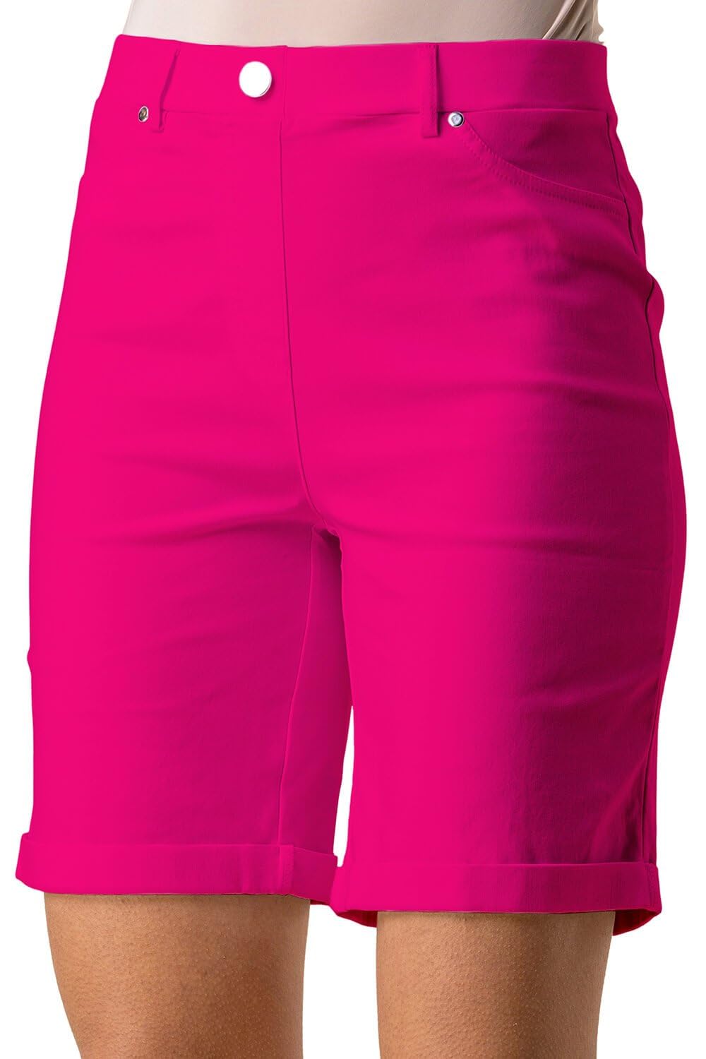 Roman Originals Women's Cerise Stretch Shorts For Uk Pull On Turned Hem Cut Off Bengaline Mom Boyfriend Boy Denim Casual Cropped Pants Capri Slim Fit Turn Up Summer Crops Mother - Size 12