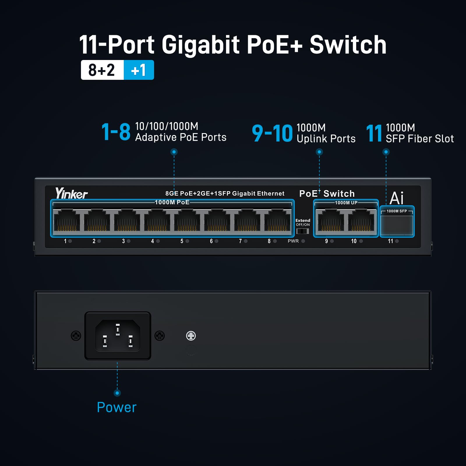 Switch PoE Gigabit de 11 Puertos, 8 Puertos PoE+ 120W + 2 Uplink Gigabit + 1 Ranura SFP, Plug & Play, Modo Extensión/VLAN, Recuperación Automática, Carcasa Metálica, Montaje en Mesa/Pared