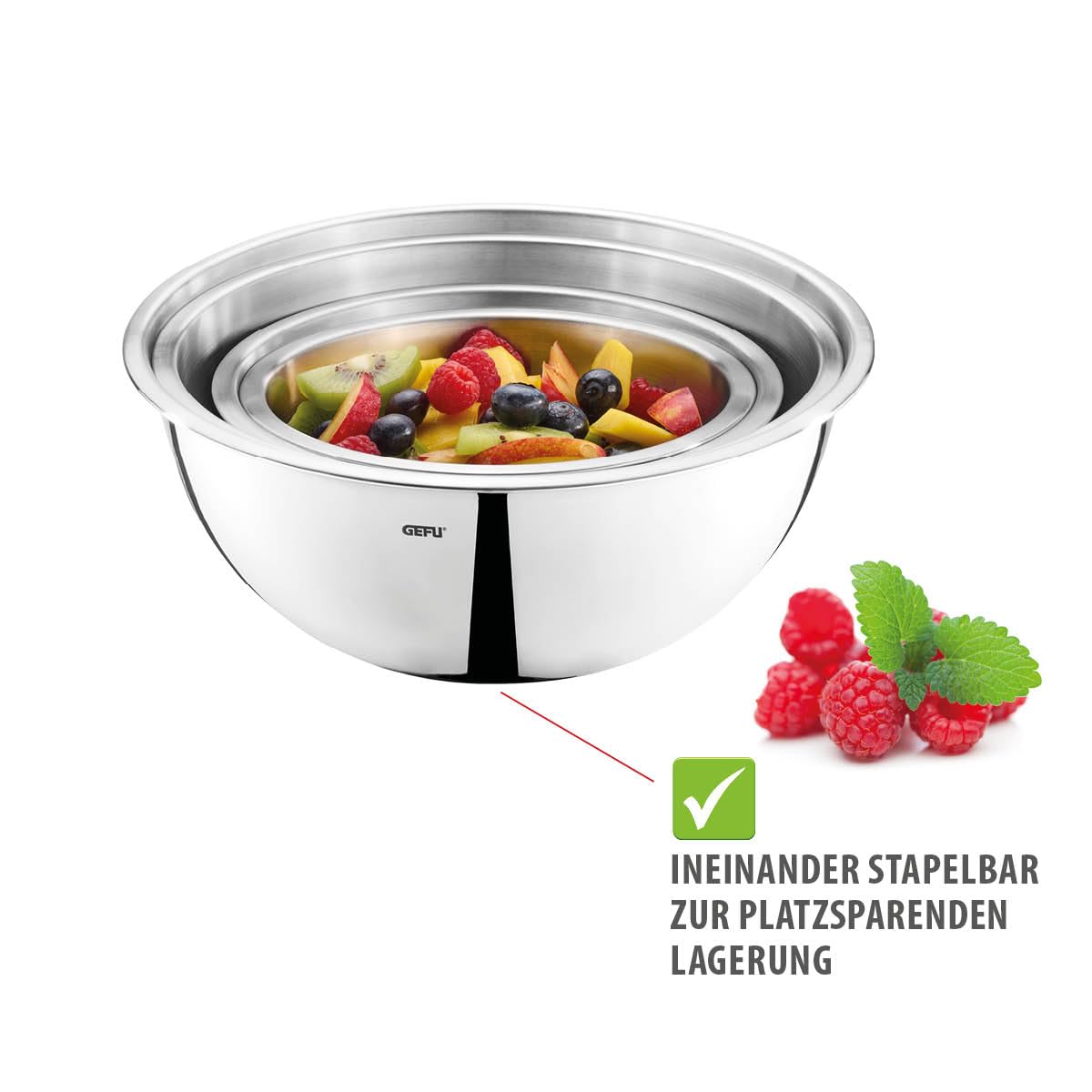 GEFU 4x Edelstahlschüssel-Set CAVARO - Küchenschüssel mit Schüttrand | Salatschüssel Set stapelbar aus Edelstahl - Rührschüssel spülmaschinengeeignet für Teig & Sahne - 1l, 1.5l, 2.7l & 3.5l