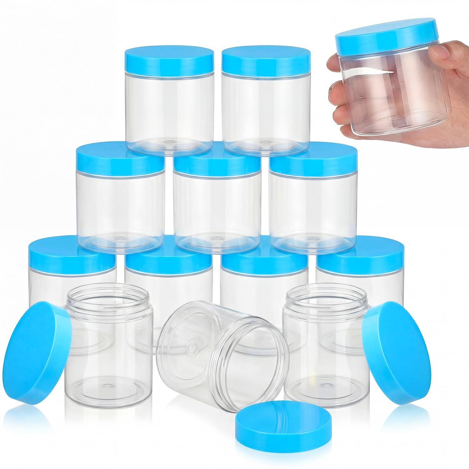 SATINIOR 12 Pack 8 oz Plastic Container Jars with Lids Round Clear Travel Cosmetic Container Slime Jars for Toiletries, Lotion, Cream, Ointments, Makeup, Rhinestone, Samples, Kitchen Storage(Blue)