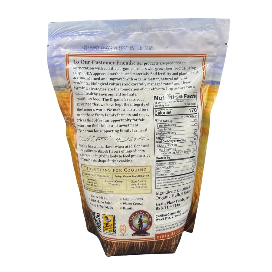 Image of Grain Place Foods Non-GMO Organic Hulled Barley 2lb Bag-SET OF 10