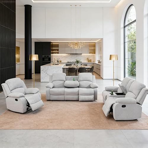Manual Recliner Sofa Set,Microfiber Reclining Couch Set,Modern Living Room Furniture Set,Reclining Sofa Couch Chair for Living Room Home Office(Grey/White,3 Pieces Set)