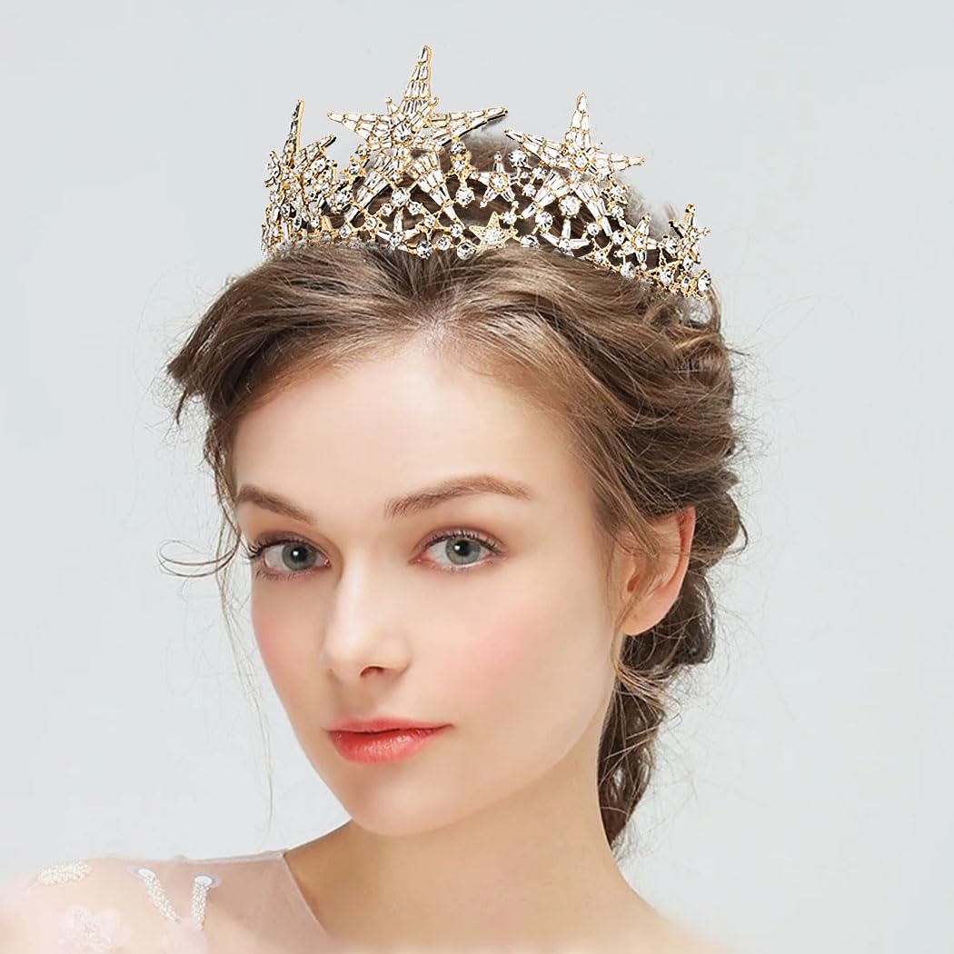 Woeoe Tiara da donna in cristallo con strass dorati, diadema da regina e corona da principessa tiara per costume da festa di compleanno accessori per capelli, METALLO