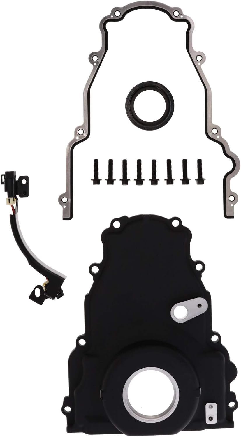 Top Street Performance 1-Piece Aluminum Timing Cover for GM LS with Cam Position Sensor Provision, Harness, Crank Seal, and Gasket - Black