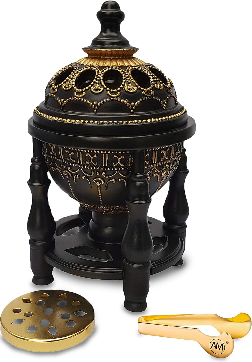 AM Charcoal Incense Burner - Bakhoor Burner, Oud Frankincense Resin Burner - for Office & Home Decor - Lavish 4 Pillar (Black)