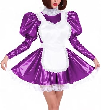 Puff Sleeve PVC Dress with Apron Lolita Lace Trim Pleated Maid Uniforms Theme Party Outfit