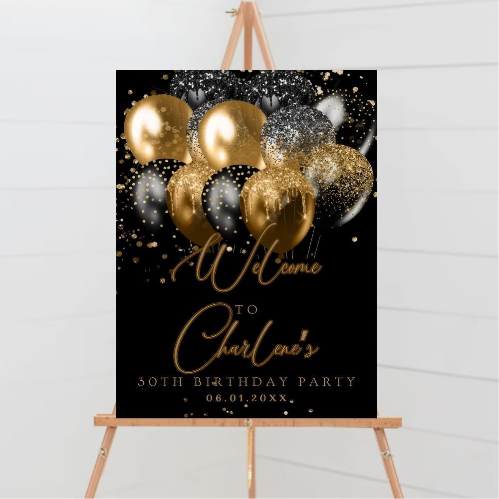 Personalized Welcome Birthday Party Sign, Welcome Poster Black, Gold Glitter Sparkle,Birthday Signage Decor, Happy Birthday Decorations