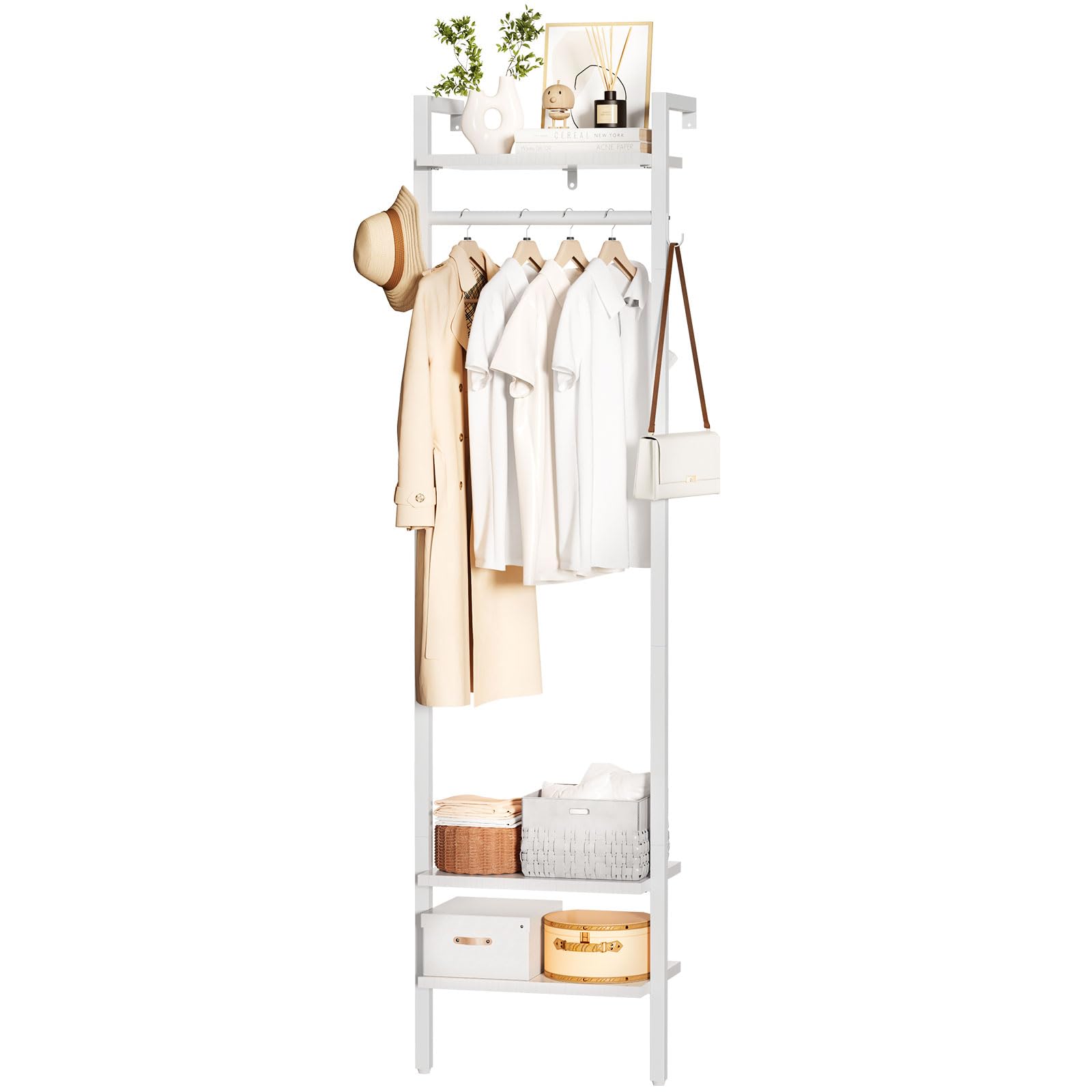 YMYNY Appendiabiti da Parete, Mobile da Ingresso, Alto 180CM Attaccapanni da Terra, Attaccapanni Muro Scaffale, per camera da letto, soggiorno, Stile Industriale, Bianco HGR003W