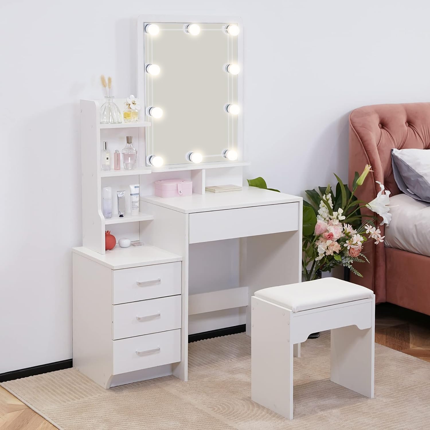 Tavolo Toeletta Con Luci LED Hollywood - Specchio, Sgabello E 7 Cassetti, Legno Moderno 100x40x140 Cm - Foto 6