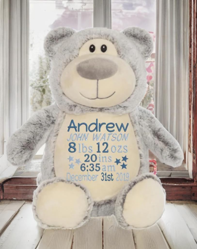 Personalized Birth Stats Plush Bear with Name & Date | Custom Nursery Keepsake | Newborn Shower Present for Boys or Girls