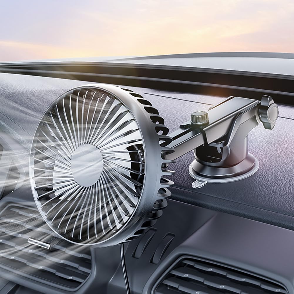 Ventilatore da Auto, Mini Ventilatore per Cruscotto, Regolabile a 360° con Ventosa, 3 Velocità, Filtro per Auto con Testa Singola