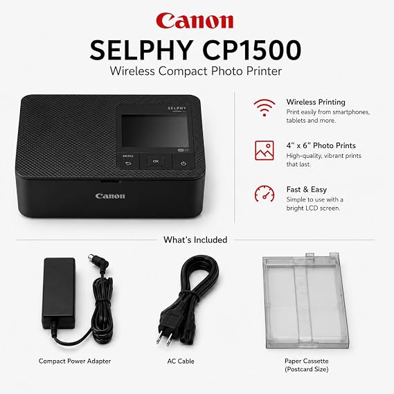 Canon SELPHY CP1500 Wireless Compact Photo Printer White Bundle with KP-108IN Color Ink & Paper Set, Slinger Alpine 160 Shoulder Bag, Power Adapter, Paper Cassette and AC Cable (Black)