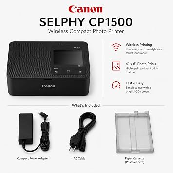 Canon SELPHY CP1500 Wireless Compact Photo Printer White Bundle with KP-108IN Color Ink & Paper Set, Slinger Alpine 160 Shoulder Bag, Power Adapter, Paper Cassette and AC Cable (Black)