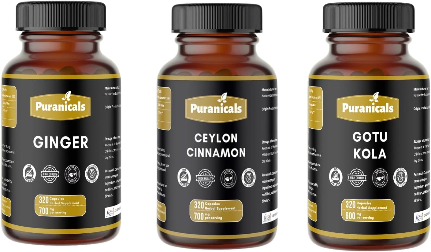 Ginger, Ceylon Cinnamon & Gotu Kola 320 Capsules Combo - Herbal Capsule Variety Pack | Easy Daily Use | Non-GMO Ingredients, No Artificial Colors | Capsules Combo Pack