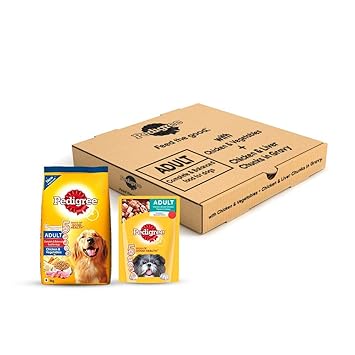 Pedigree Adult Dog Food Combo - Chicken & Vegetables Dry, 3kg + Chicken & Liver Chunks in Gravy, 80g (4 pouches)