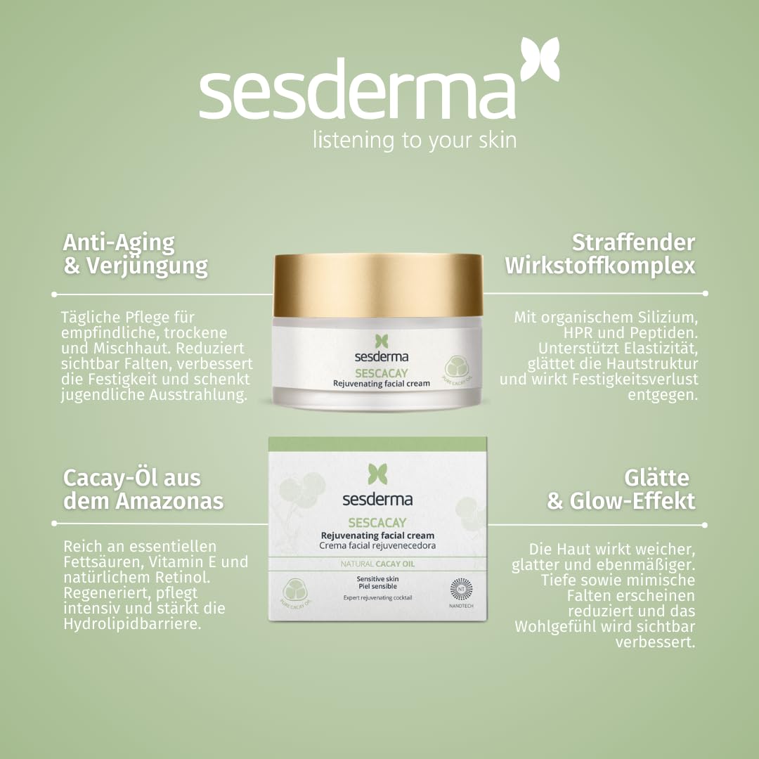 Sesderma SESCACAY Verjüngende Gesichtscreme mit Cacay-Öl & HPR 50 ml - Anti-Aging Pflege für trockene & Mischhaut, gegen Falten, Straffend, Beruhigend, mit Peptiden & EGF