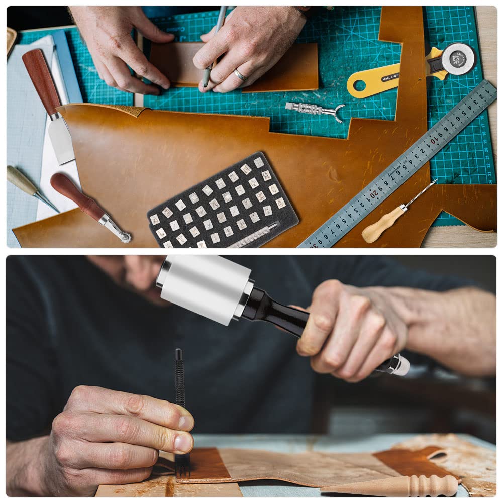 Kit d'outils en Cuir, kit de Couture en Cuir, Outil de Traitement du Cuir avec Outils de découpe en Cuir, kit de Rivets en Cuir, Grover, Tapis de Coupe, perforateur à Dents et Sac de Rangement