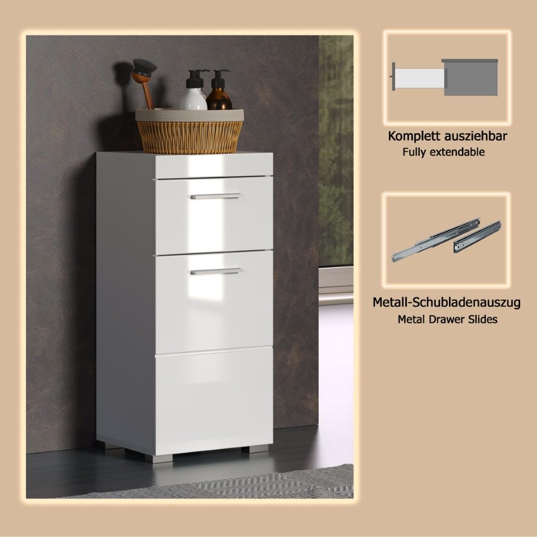 trendteam smart living - Amanda - Kommode - Weiß Hochglanz - Standschrank - (BxHxT) 37 x 79 x 31 cm - Badschrank mit 1 Tür und 1 Schublade - silberfarbene Griffe - universal einsetzbar - Kratzfest