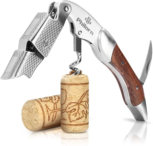 Philorn Professional Wine Opener Corkscrew Bottle Opener Beer Opener Foil Cutter All-in-one Stainless Steel Cap Opener with Rosewood Handle Best Choice of Housewives Sommeliers Waiters and Bartenders