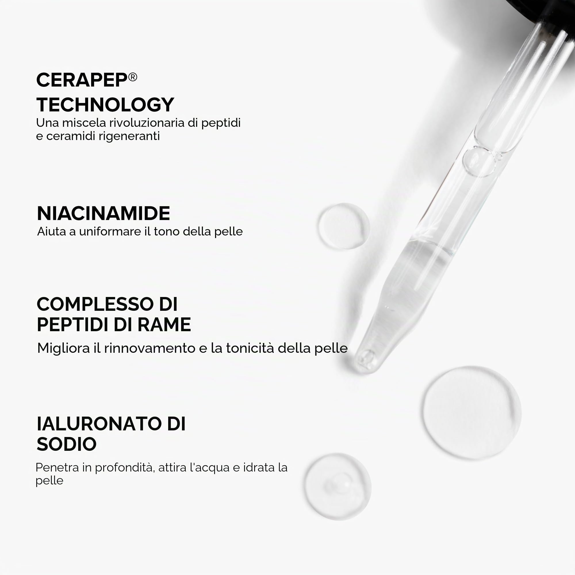 DRMTLGY Siero Senza Ago: trattamento antietà che riduce rughe e linee sottili con niacinamide, acido ialuronico, peptidi e ceramidi. Idrata, rassoda e dona luminosità alla pelle.
