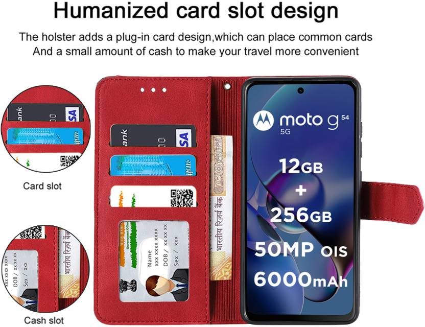 Image of Flip Cover Compatible for Moto G54 5G | Motorola G54 5G | PAYW0007IN | PAYW0004IN | PAYW0002IN | PAYW0008IN Back Cover Soft Silicon TPU Flip Cover Executive Executive Red, Magnetic Closure