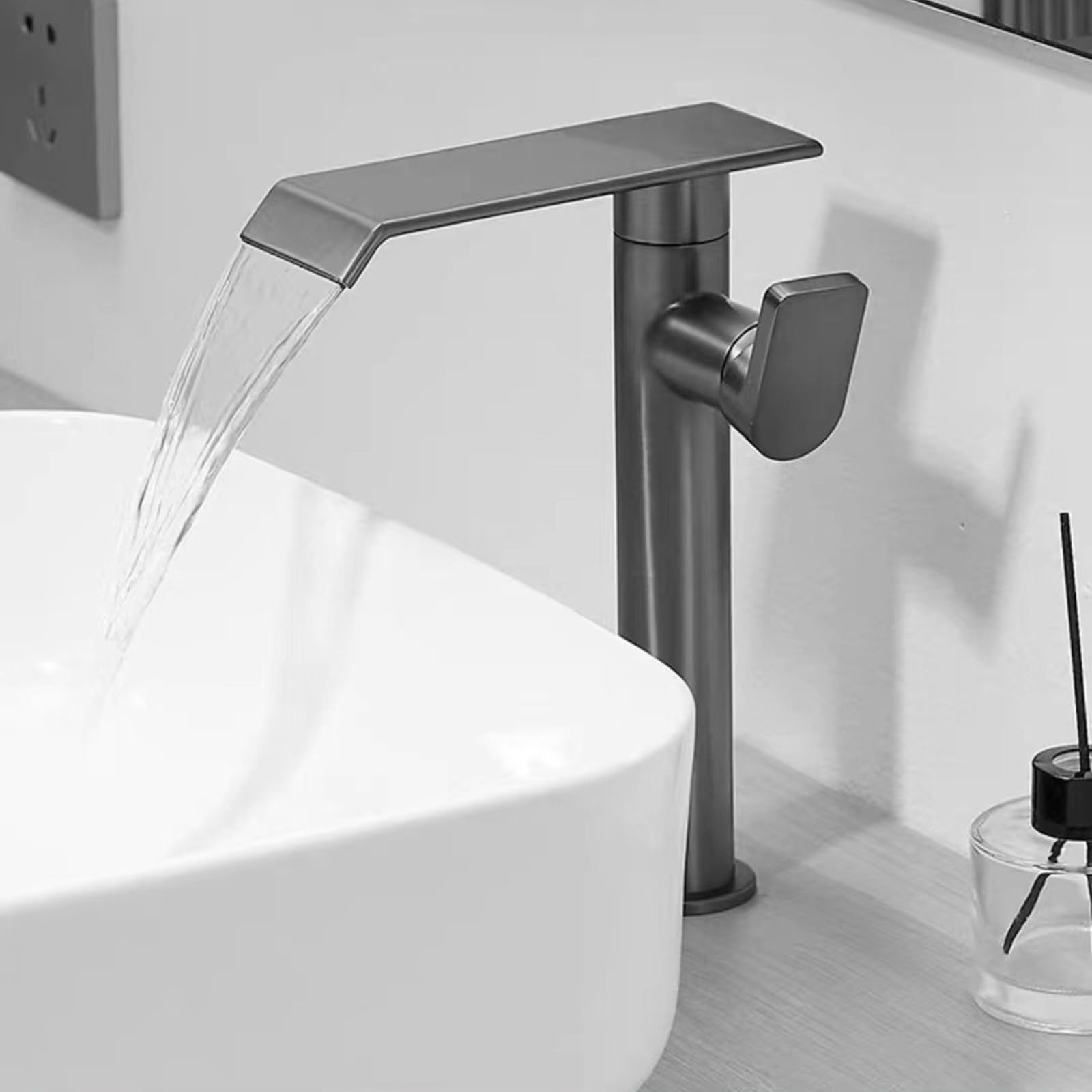 HCFYAUIS Bathroom Waterfall Mixer Tap for Countertop,360° Rotate Taps for Bathroom Sink Hot and Hot,Grey