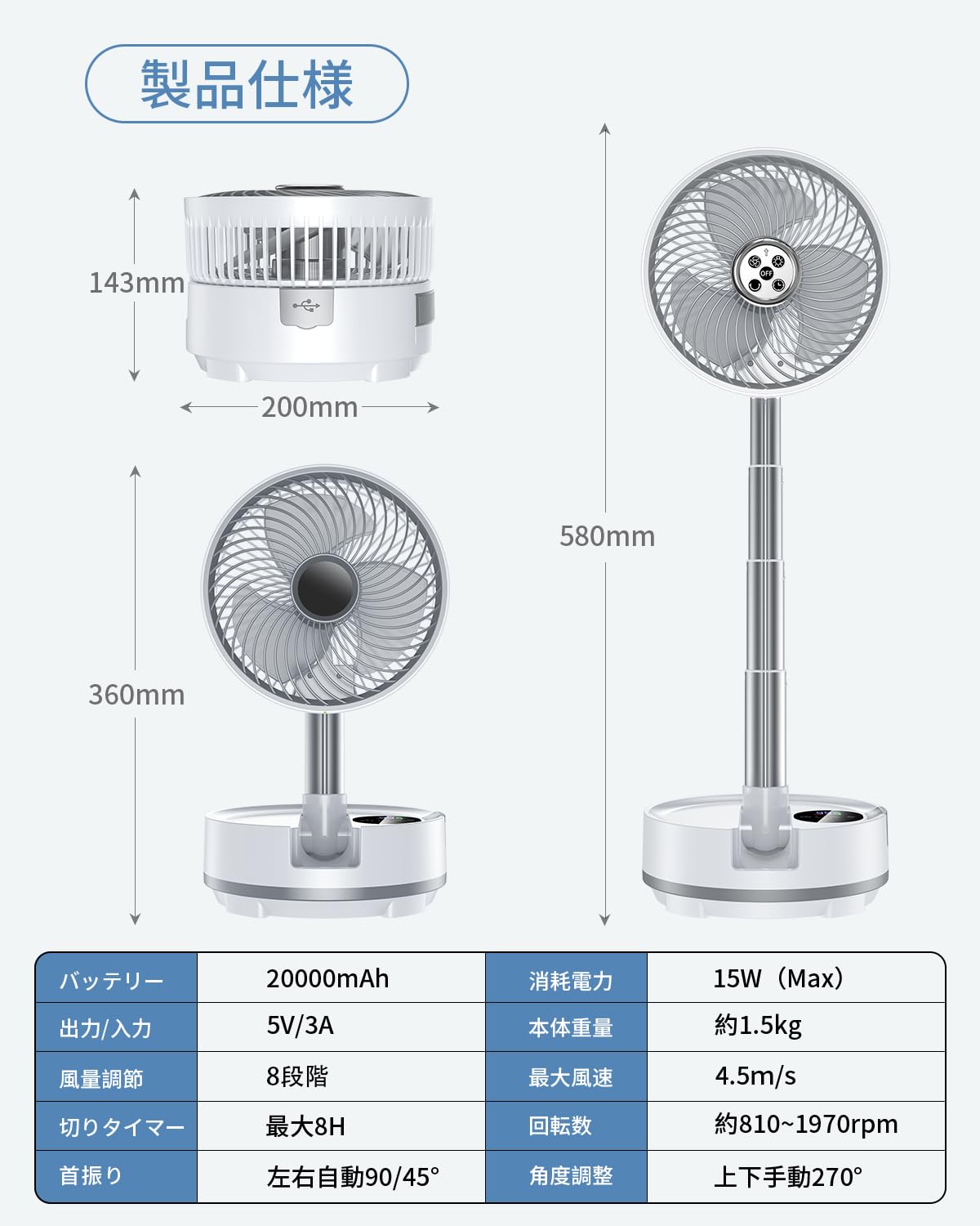 Amazon | 扇風機 折り畳み 20,000mAhバッテリー リビング dc