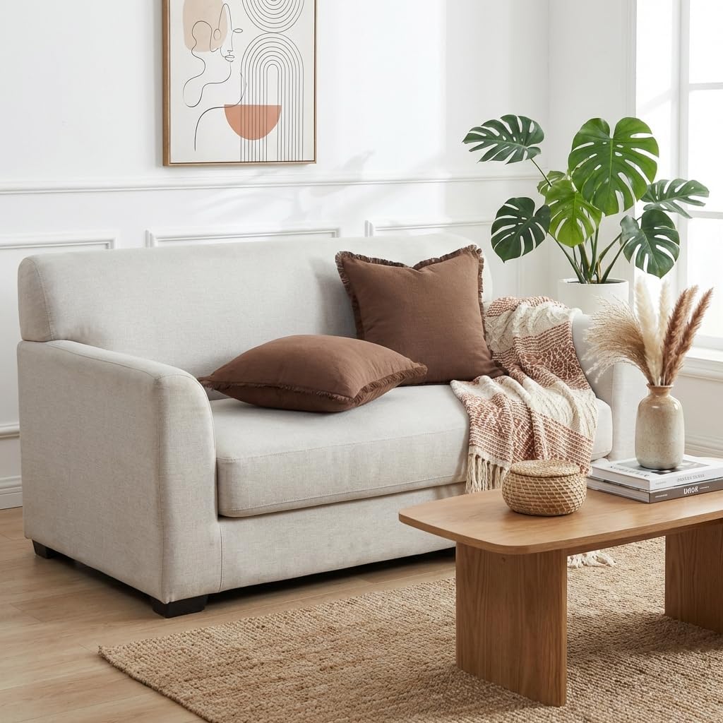 Sunday Praise Set of 2 Linen Fringe Decorative Pillow Covers 20x20 Inch Farmhouse Accent Boho Throw Pillow Cases with Tassels Cozy Soft Square Cushion Covers for Couch Sofa Bed Home Decor,Cocoa Brown