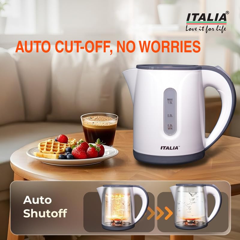 Image of ITALIA 1 Litre 1000W Electric Kettle | Cool Touch Body, Auto Shut-Off & Boil-Dry Protection | 360 Cordless Jug for Tea & Coffee | Water Boiler