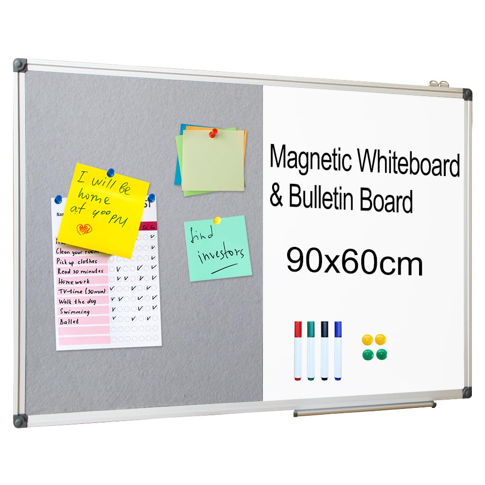 XIWODE Magnetic Dry Erase Board & Cork Board Combo 90x60cm, Magnetic Whiteboard with Grey Felt Bulletin Board, Wall Mounted Notice Board with Markers Magnets Eraser & Pins for Home Office School — image 1