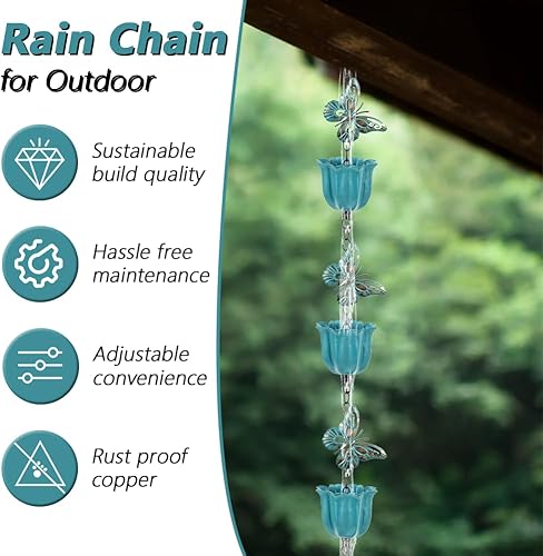 Miniatura 3 de giole Lotus Cadena de lluvia, cadenas de lluvia de 8.2 pies para canaletas con 10 tazas, cadenas de captura de lluvia ajustables con campana para