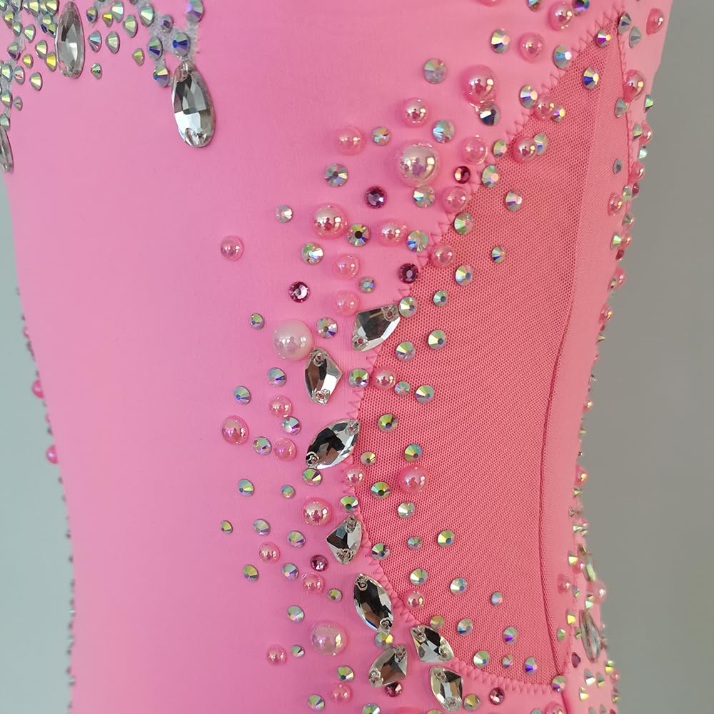 LIUHUO Maillot de gimnasia rítmica rosa sin mangas Flash Drill Competición Performance ropa