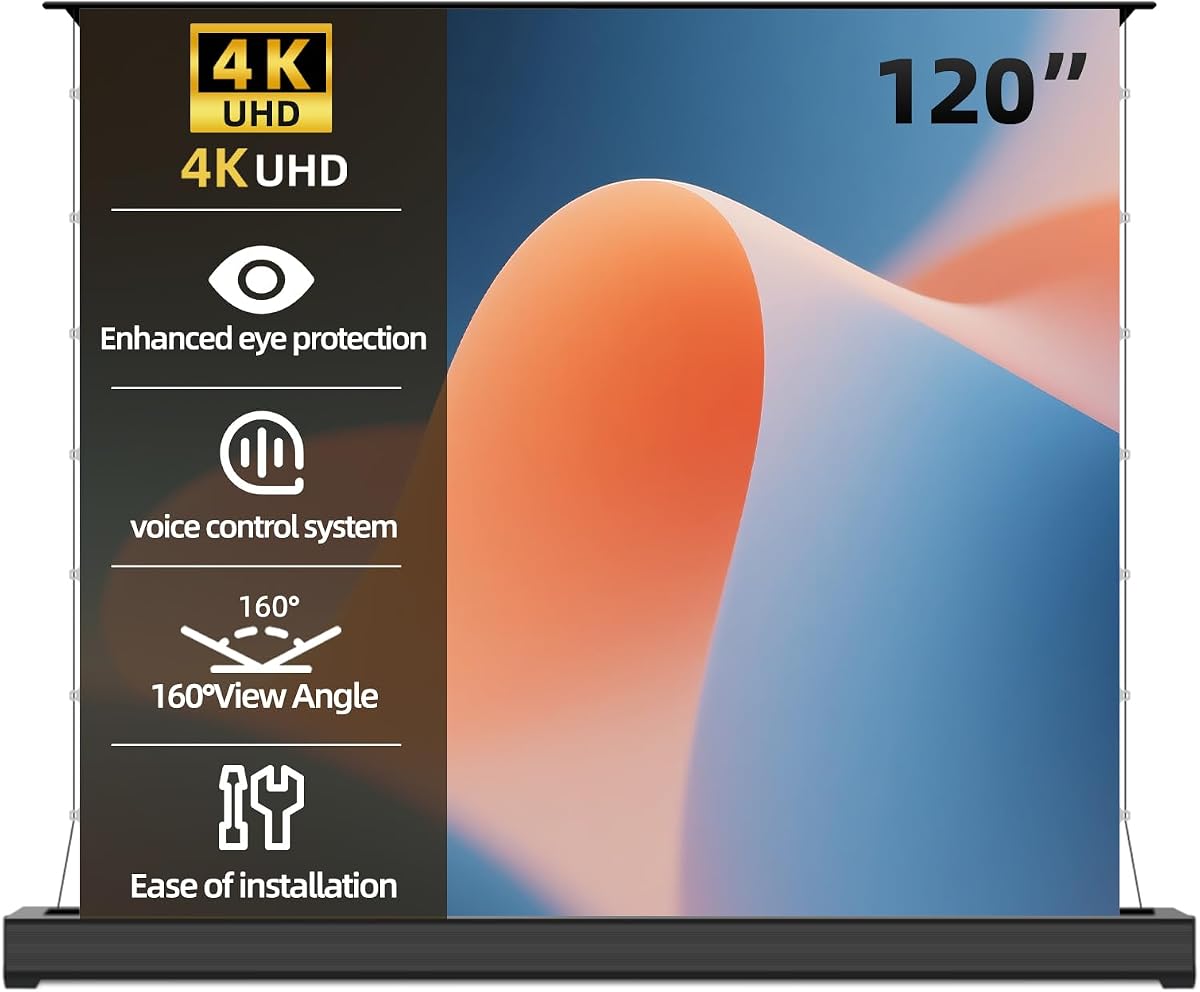120" Matte White Motorized Floor Rising Projector Screen for Long/Standard UST Throw Projector,Movie Screen for Home Theater,Motorized Projector Screen 4K/8K Ultra HD