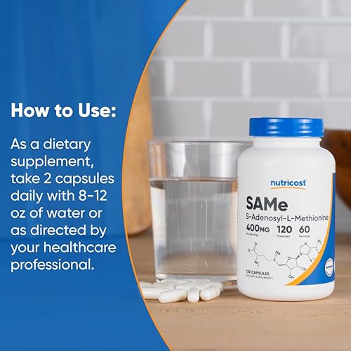 Miniatura 7 de Nutricost SAM-e (S-Adenosil-L-Metionina) 400 mg por porción, 60 porciones, 200 mg por cápsula, 120 cápsulas – Sin OMG, sin gluten mismo, vegetariano