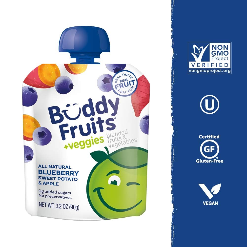 Buddy Fruits & Veggies Snacks To Go Blueberry Sweet Potato Unsweetened Applesauce 3.2oz (18pk) Gluten-Nut-Dairy-Preservative-BPA Free, Non GMO, Kosher