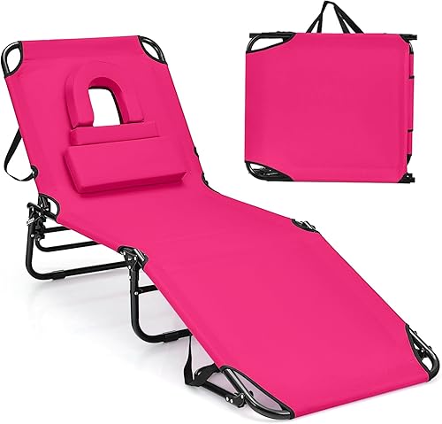 Goplus Silla bronceadora, silla de playa plegable con orificio para la cara, almohada extraíble, capacidad de 350 libras, correa de transporte,