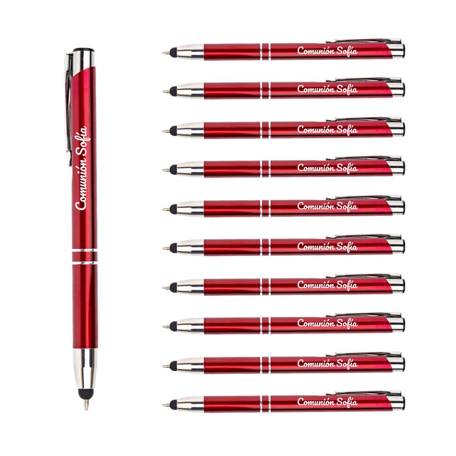 Packs 30 bolígrafos PERSONALIZADOS con texto o nombre | Color rojo y puntero para dispositivos móviles | Grabado a láser | Lote bolígrafos publicitarios y merchandising, eventos: comuniones, bodas.