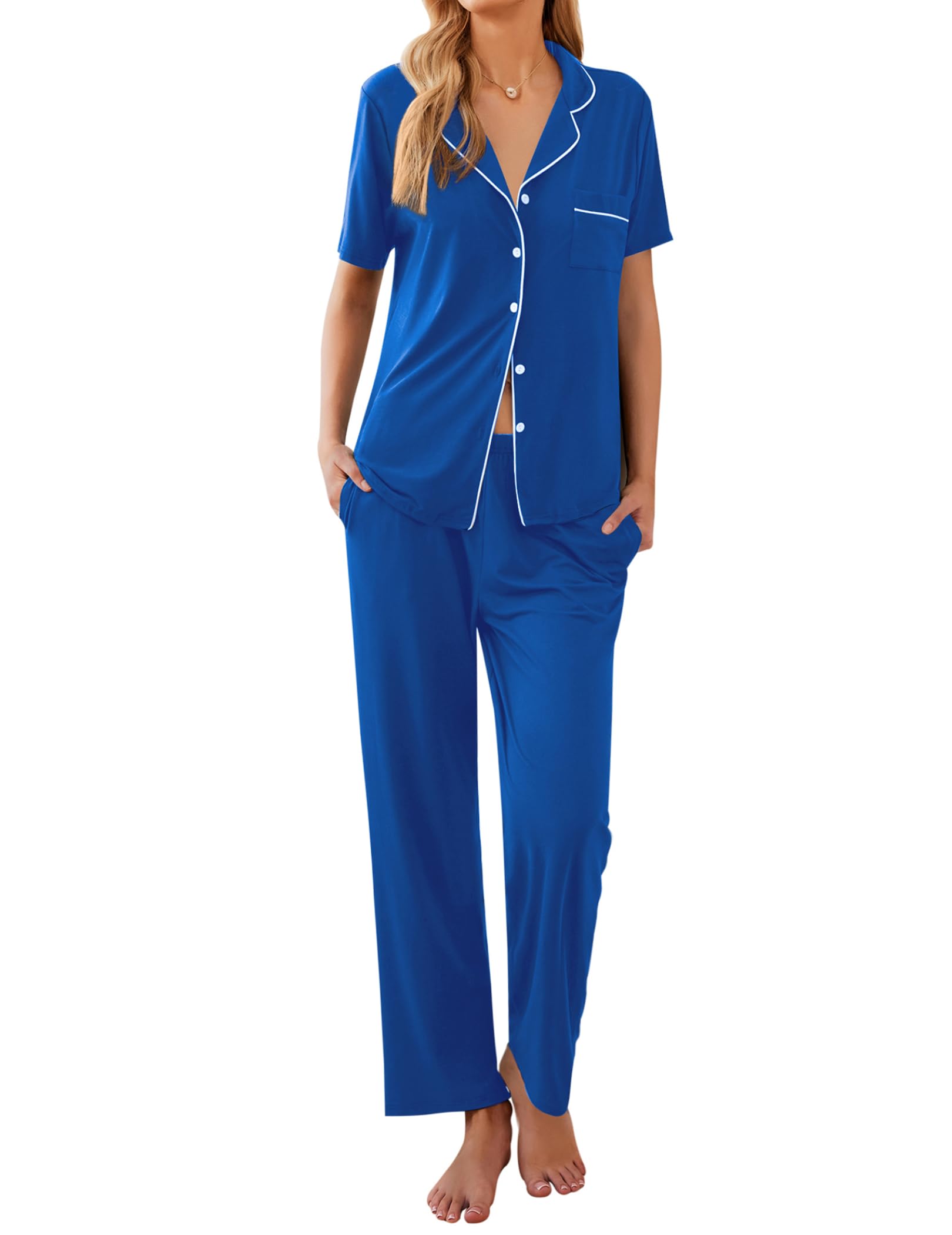 Ekouaer Women Pajamas Set Button Down Sleepwear Short Sleeve Nightwear with Long Pants Soft Pjs Set S-XXL