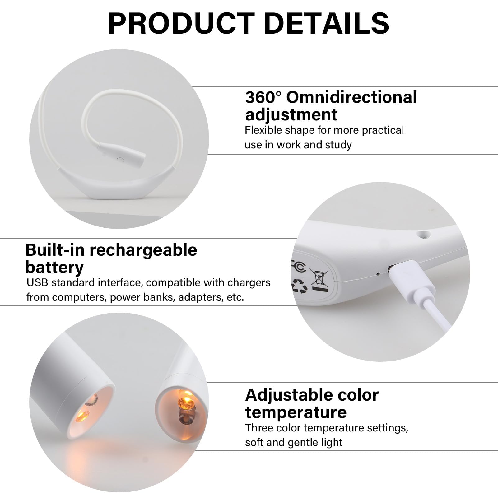 Lámpara de Cuello Lumi Crealis, Luz Ajustable Recargable para Lectura, Ganchillo y Costura, 3 Colores y 9 Niveles de Brillo, Collar Flexible y Rotación 360°, Ideal para Manualidades y Reparaciones