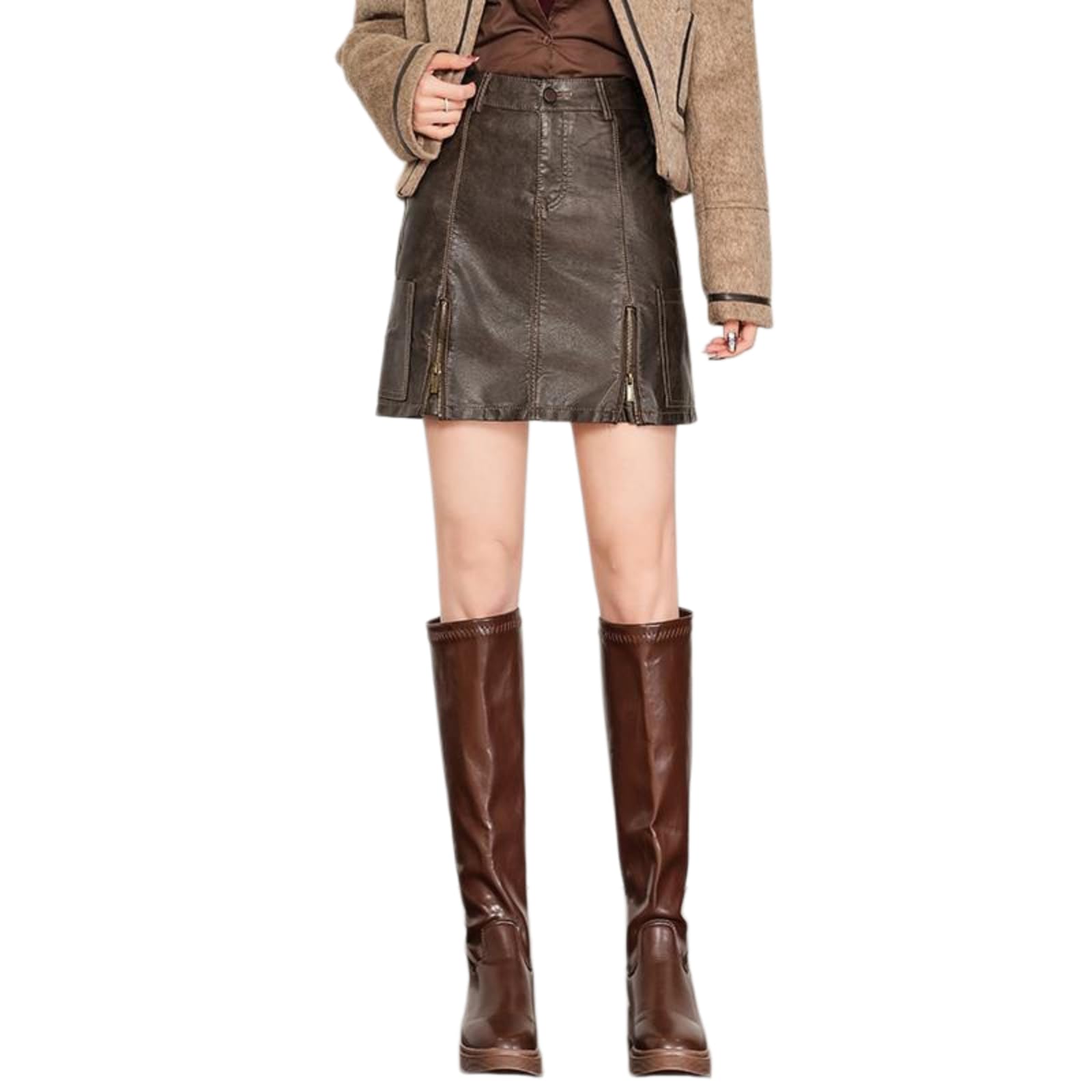 Minifalda Mujeres De Alta Cintura PU Cuero Mini Falda A-línea Slim Fit Otoño Invierno, Falso Falda-Brown-s