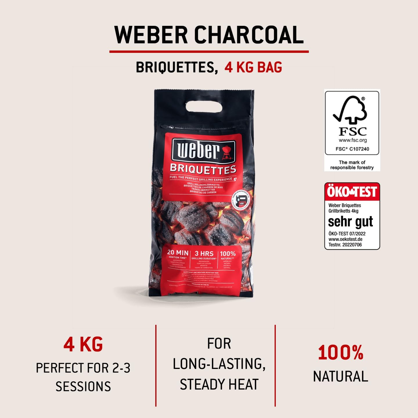 Weber Bricchetti di carbone 4 kg BBQ combustibile naturale accensione 20 minuti 3 ore