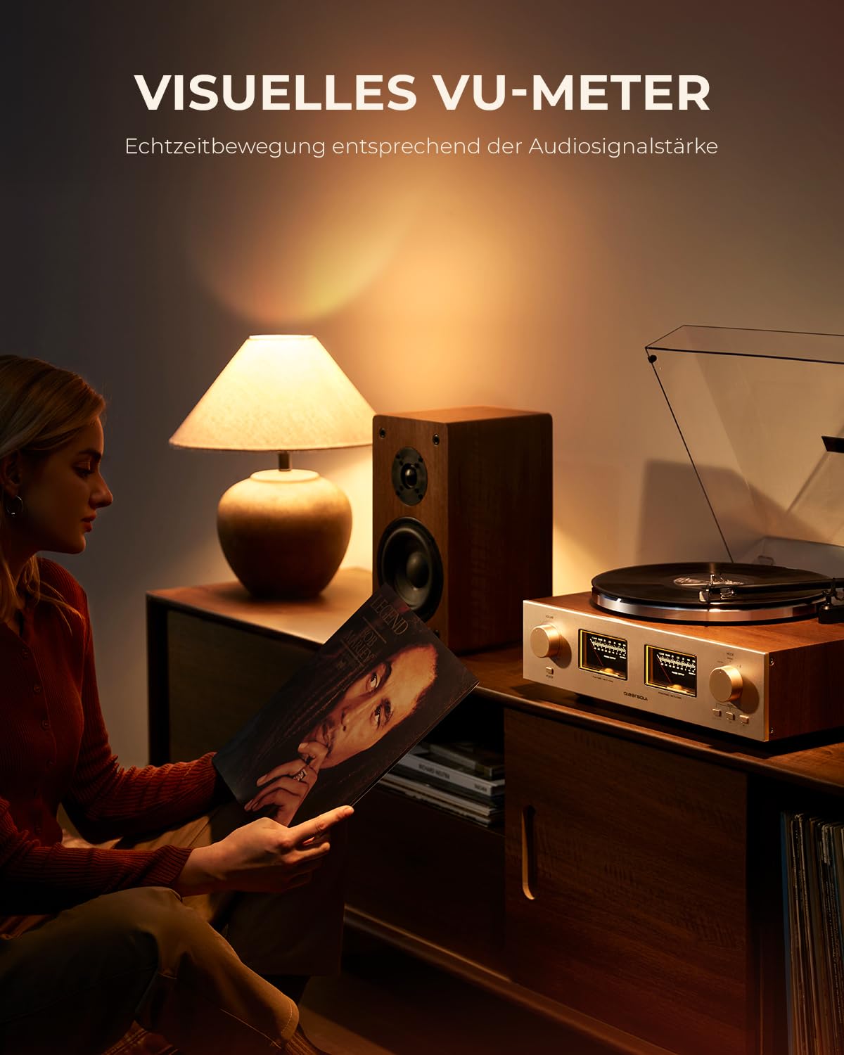 Qlearsoul HiFire X Plattenspieler mit Lautsprechern, Audiophiles HiFi-Turntable-System mit 100W-Regallautsprechern, VU-Meter, DSP-Vorverstärker, 33/45 RPM, RCA LINE IN/Out