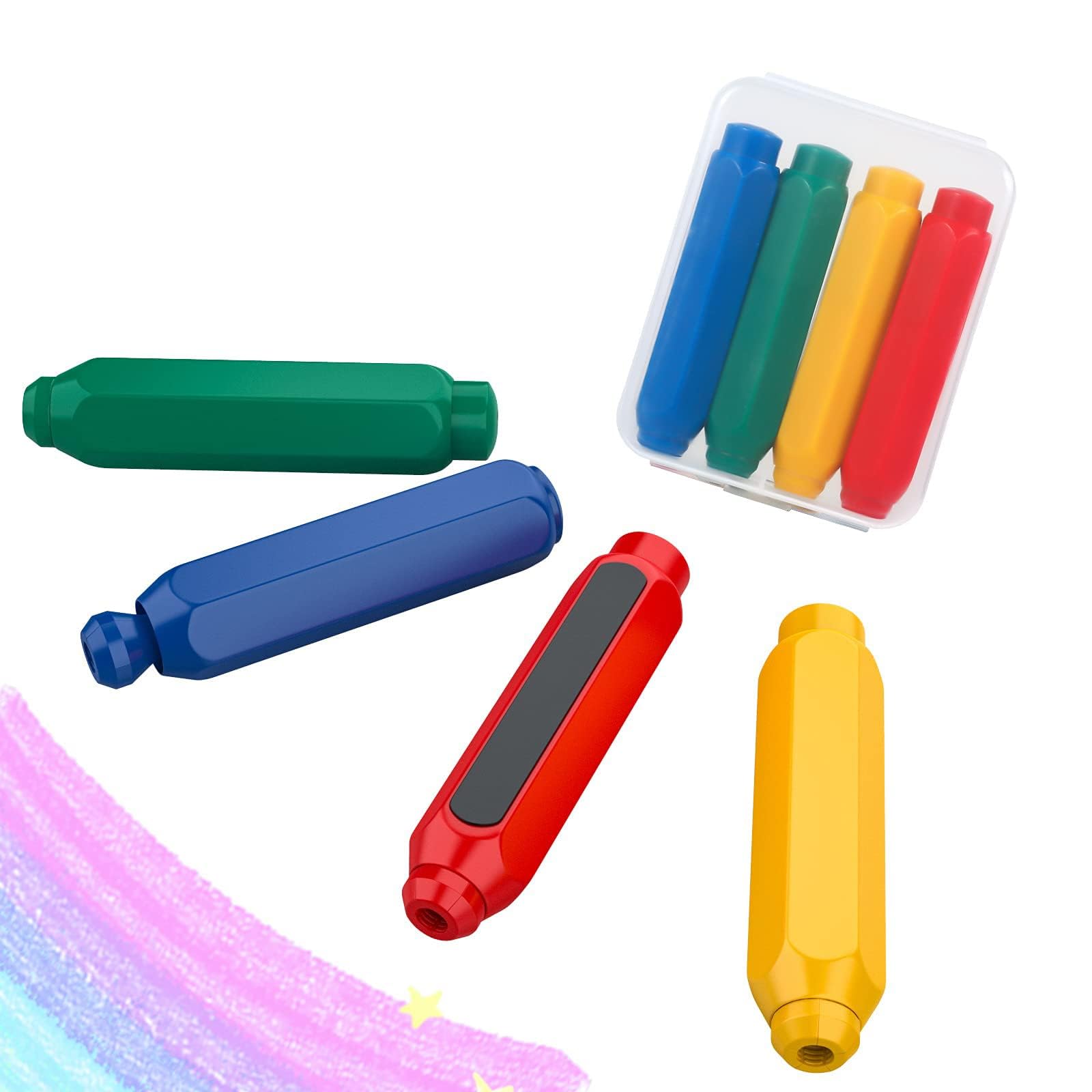 Lonimia Magnetic Chalk Holder: Four-piece set of magnetic chalk holders in yellow, green, blue, and red that are adjustable, washable, and reusable for teachers' offices in schools