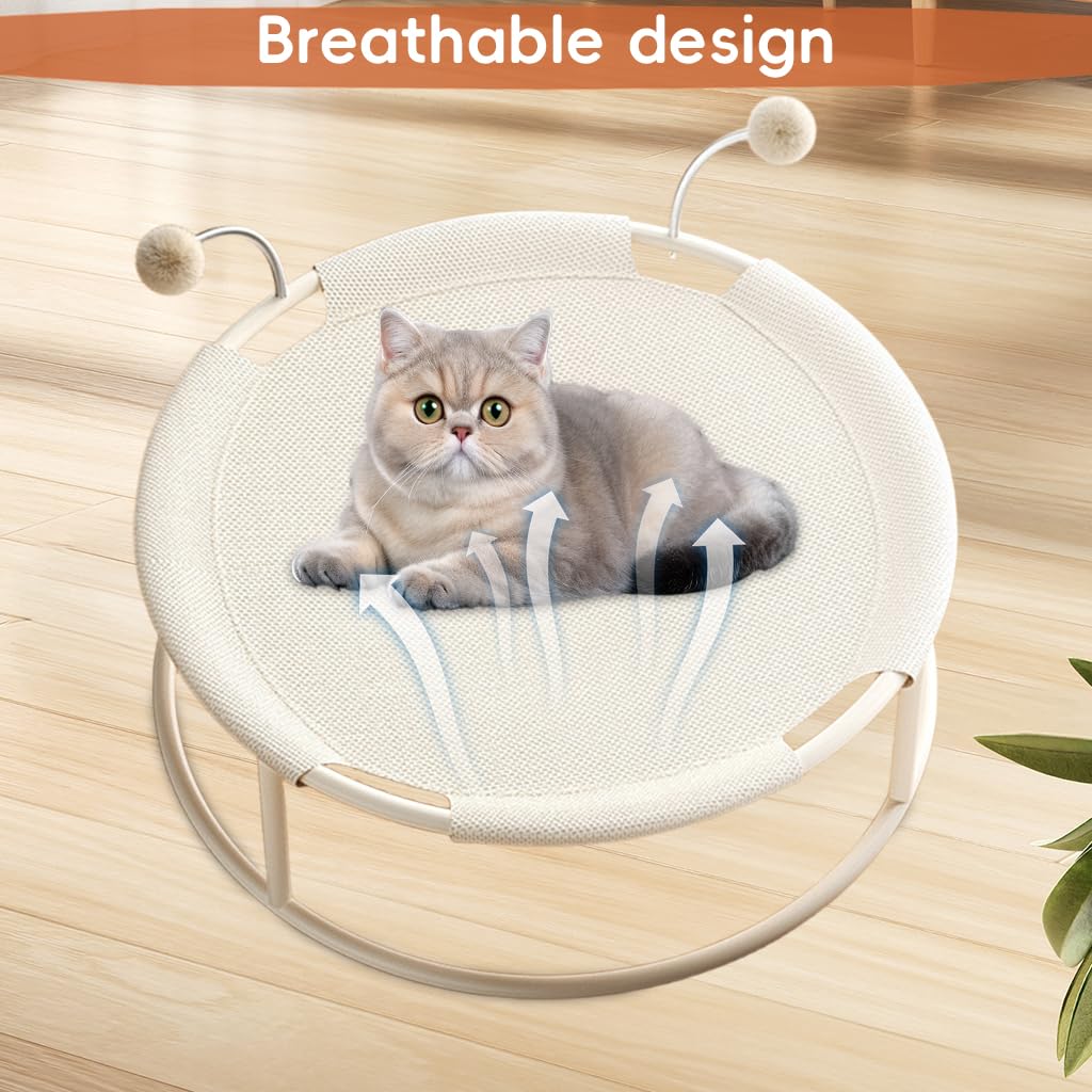 Qpets® Cat Bed, Metal Trampoline Cat Bed Framed Design Round Summer Breathable Mesh Pet Cave with Plush Teasing Ball Toys (17.72 inches Dia) 4