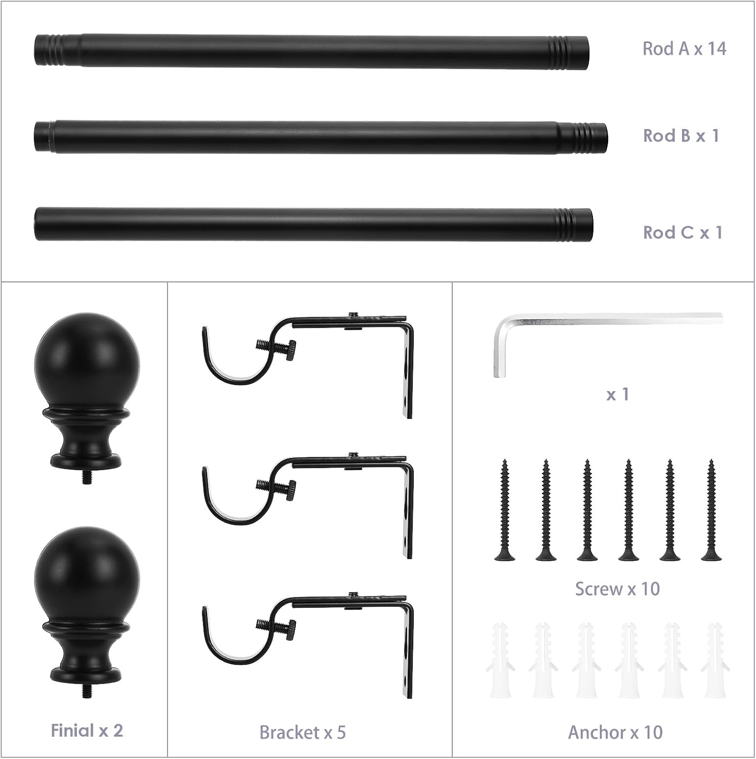 1 Inch Black Curtain Rods for Windows 120 to 240 Inch - Adjustable Drapery Rods with Exquisite Finial for Living Room, Bedroom, Kitchen, Outdoor Patio (Black,32-240")