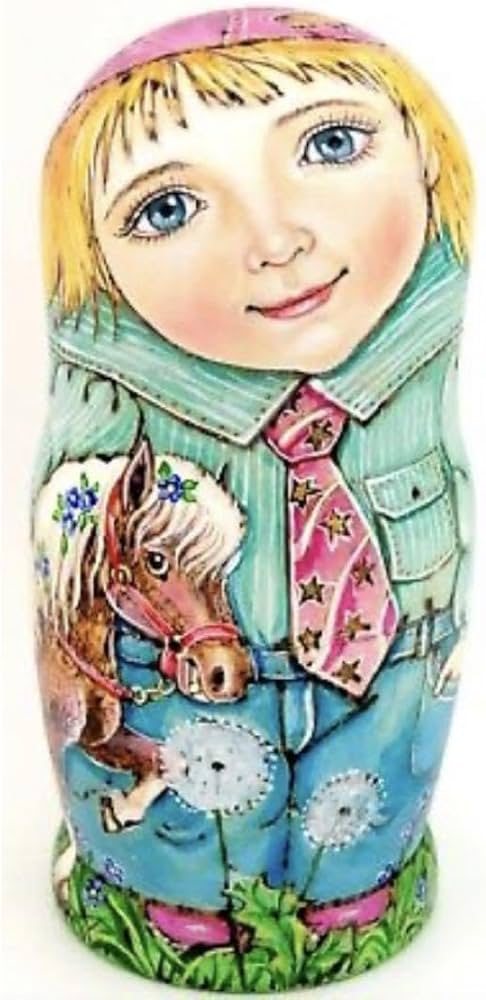 ロシア雑貨☆ウッドバーニングマトリョーシカ5Pミラ作 男の子&馬